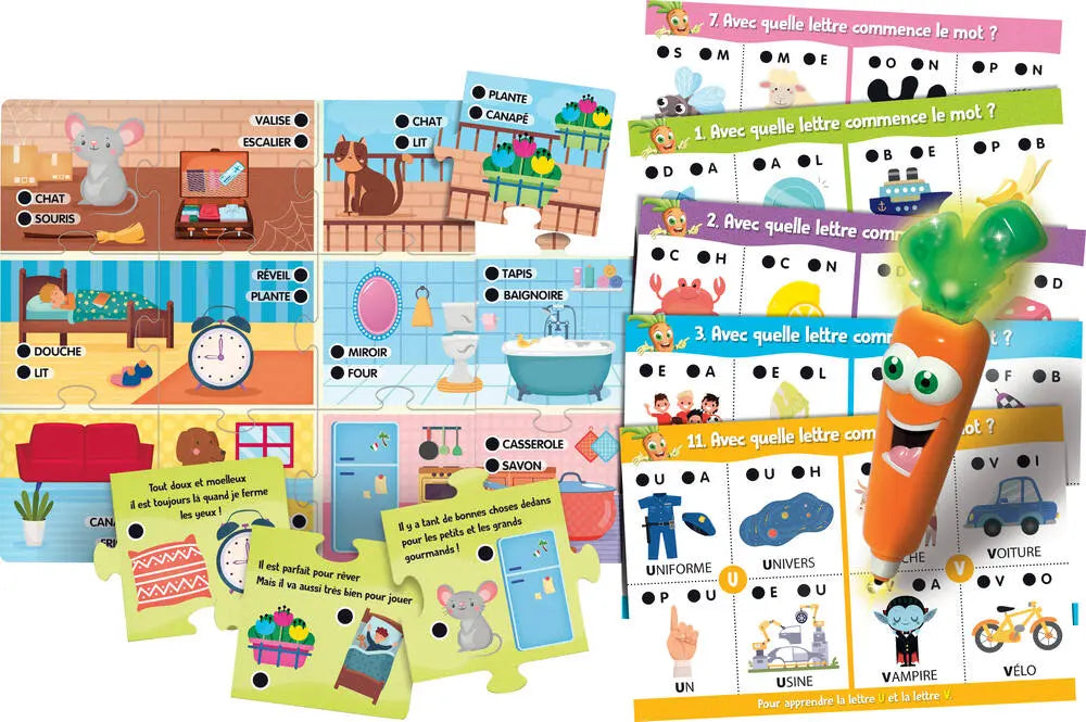 Carotina learning alphabet and words set with letter charts and illustrated activity pages