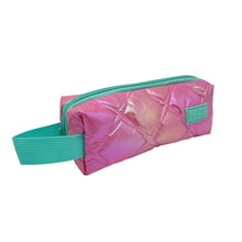 Fuchsia quilted pencil case with teal zipper and single compartment front panel
