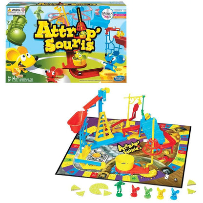 Mousetrap board game set with colorful maze playfield, ramps, and figurines