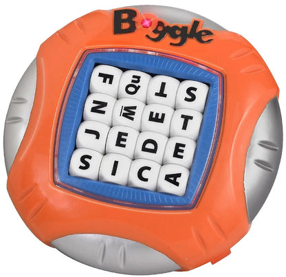 Boggle word game dome with orange shell, blue frame, and white letter cubes