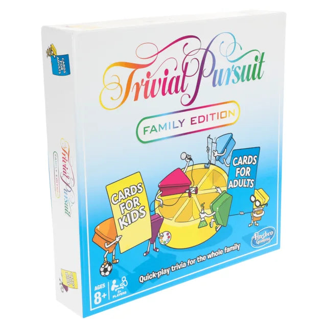 Family Edition trivia board game box with illustrated cards and board graphic