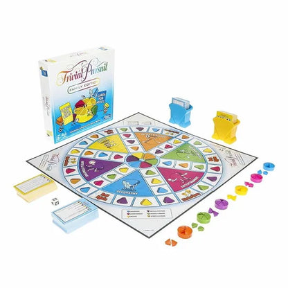 Family trivia board game set with round game board and colorful card pieces