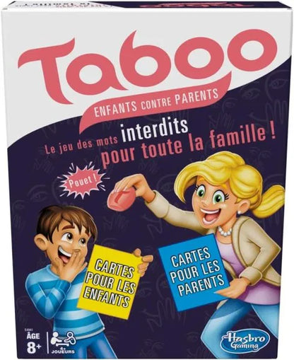 Family party game box with two kids illustration and cards for ages 8+ players