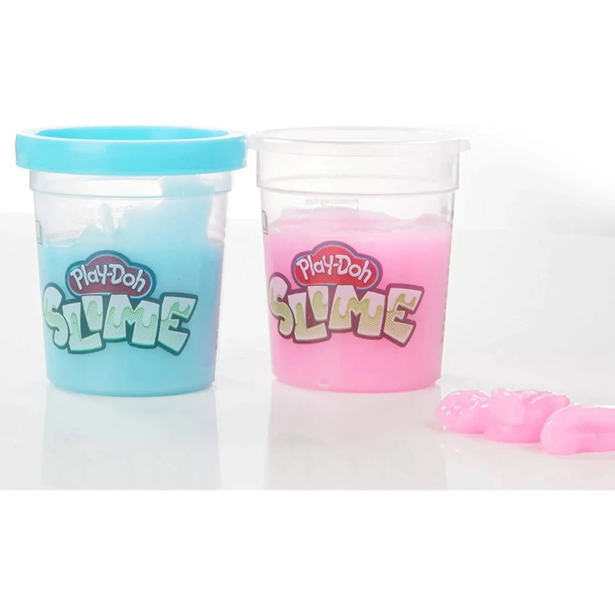 Play-Doh Slime kit tubs, blue and pink translucent containers with lids
