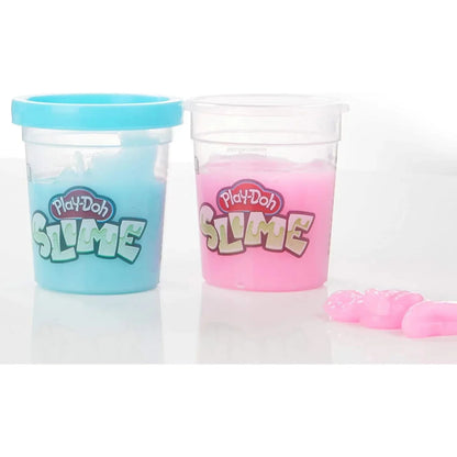 Play-Doh Slime kit tubs, blue and pink translucent containers with lids