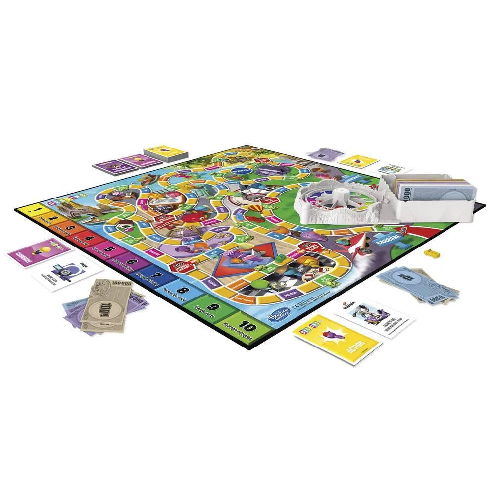Board game board with colorful track, cards, tokens, and card decks laid out