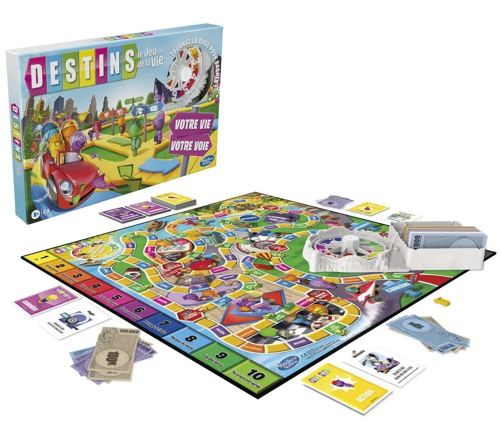 Board game set with colorful board, cards, tokens, and dice in open box