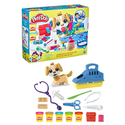 Play-Doh veterinary cabinet set with dog figure, tools, and colorful play dough containers