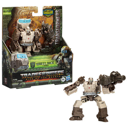 Wheeljack-Actionfigur „Rise of the Beasts“ mit Box im Hintergrund