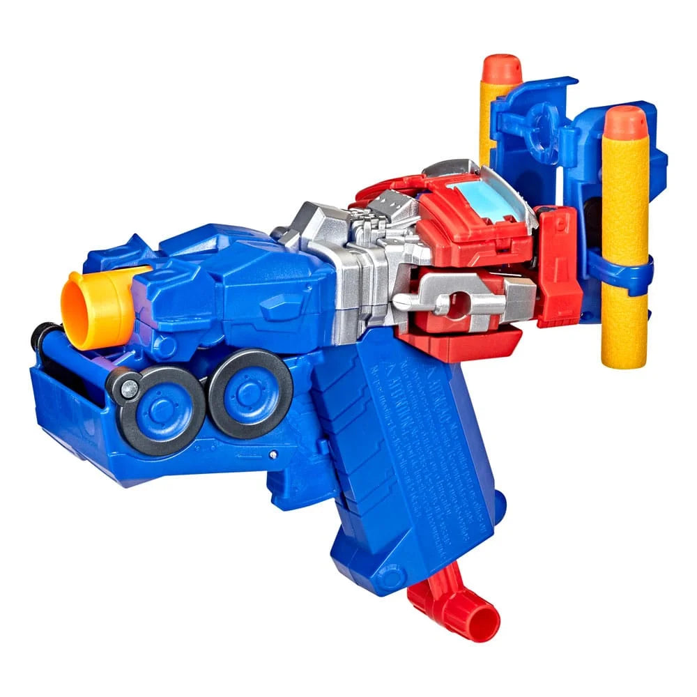 Blue and red 2-in-1 Optimus Prime blaster toy with two yellow dart launchers