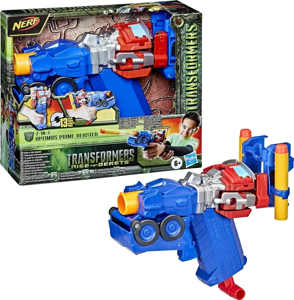 Retail box for blue and red 2-in-1 Optimus Prime blaster toy with yellow darts