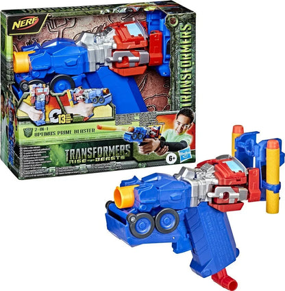Retail box for blue and red 2-in-1 Optimus Prime blaster toy with yellow darts