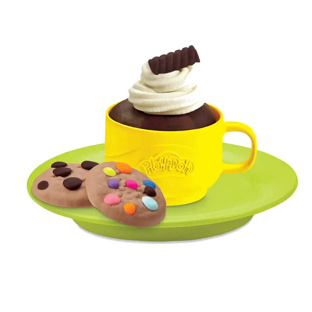 Play-Doh cafe dough dessert set: yellow cup with brown scoop and colorful toppings
