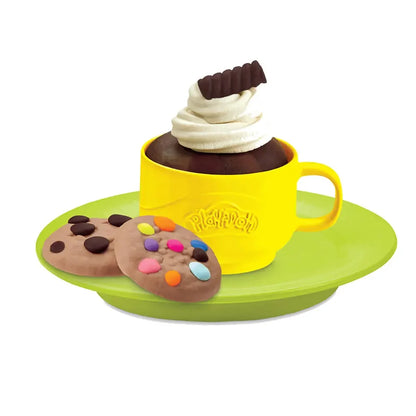 Play-Doh cafe dough dessert set: yellow cup with brown scoop and colorful toppings