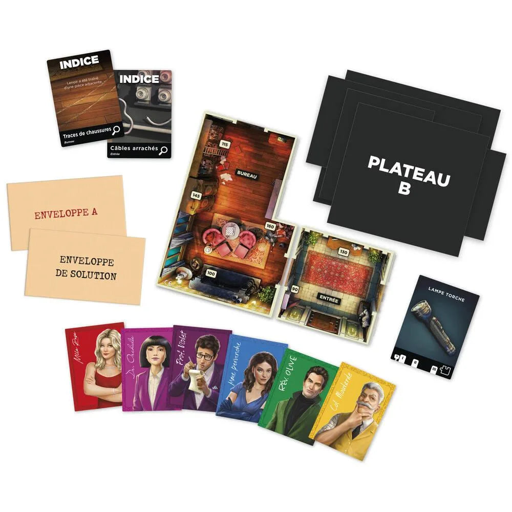 Escape room board game components: clue cards, envelopes, and picture boards