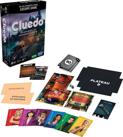 Escape room board game box and cards with envelopes and game board pieces