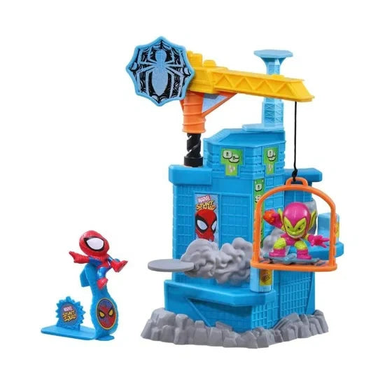Marvel Stunt Squad heroes playset with blue base, web launcher, and Spider-Man figure