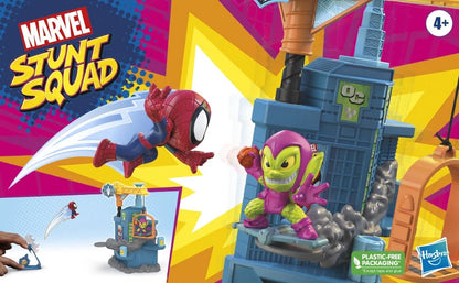 Marvel Stunt Squad toy playset box with Spider-Man and green hero artwork