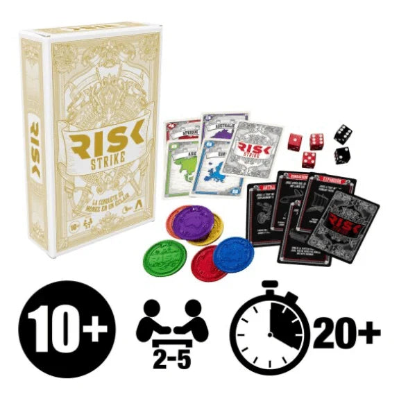 Risk Strike card game box with cards, dice, and colorful poker-style tokens