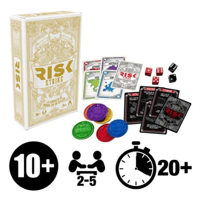 Risk Strike card game box with cards, dice, and colorful poker-style tokens