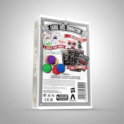 Risk Strike card game box back with printed rules, contents, and barcode