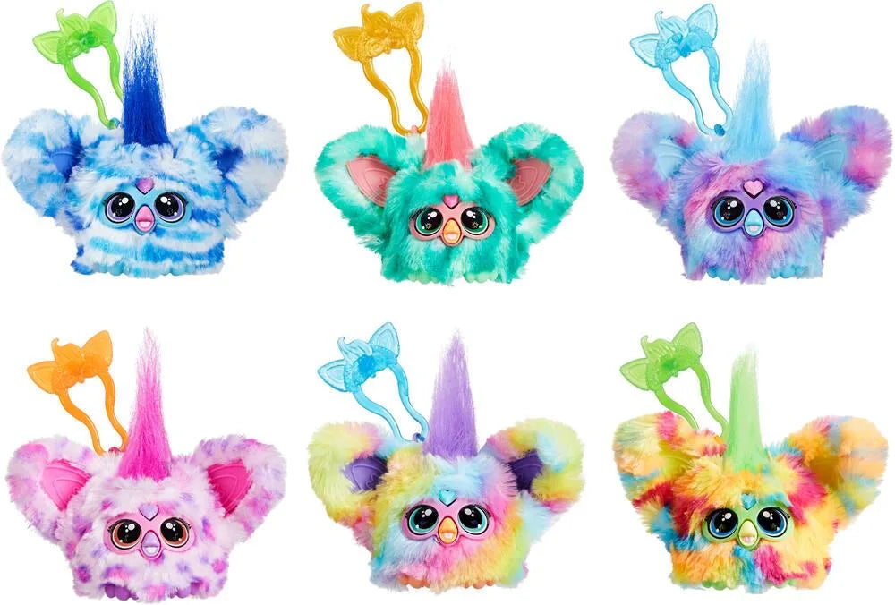 Assorted plush fur animals with long tails, big round eyes, in bright rainbow colors