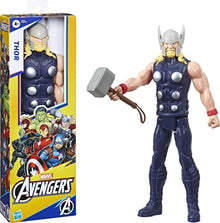 Thor action figure in dark blue armor with grey helmet and hammer accessory