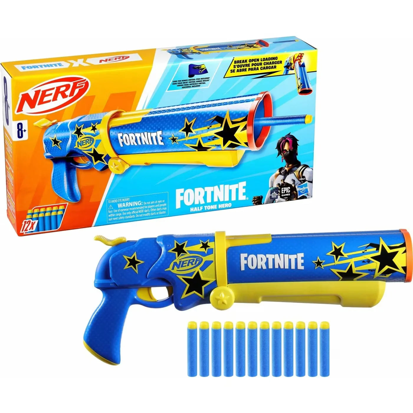 Fortnite Half Tone Nerf blaster with box and 12 blue darts