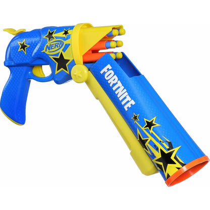 Fortnite Half Tone Nerf blaster side view, blue and yellow with orange muzzle