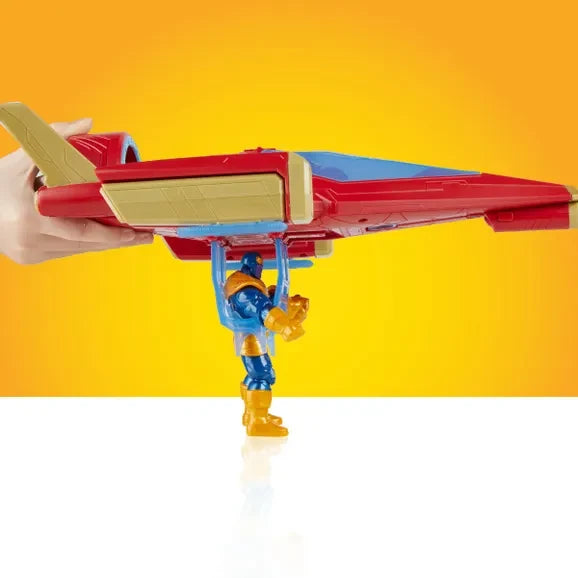 Red and tan battle jet toy with blue cockpit, held above Iron Man figure