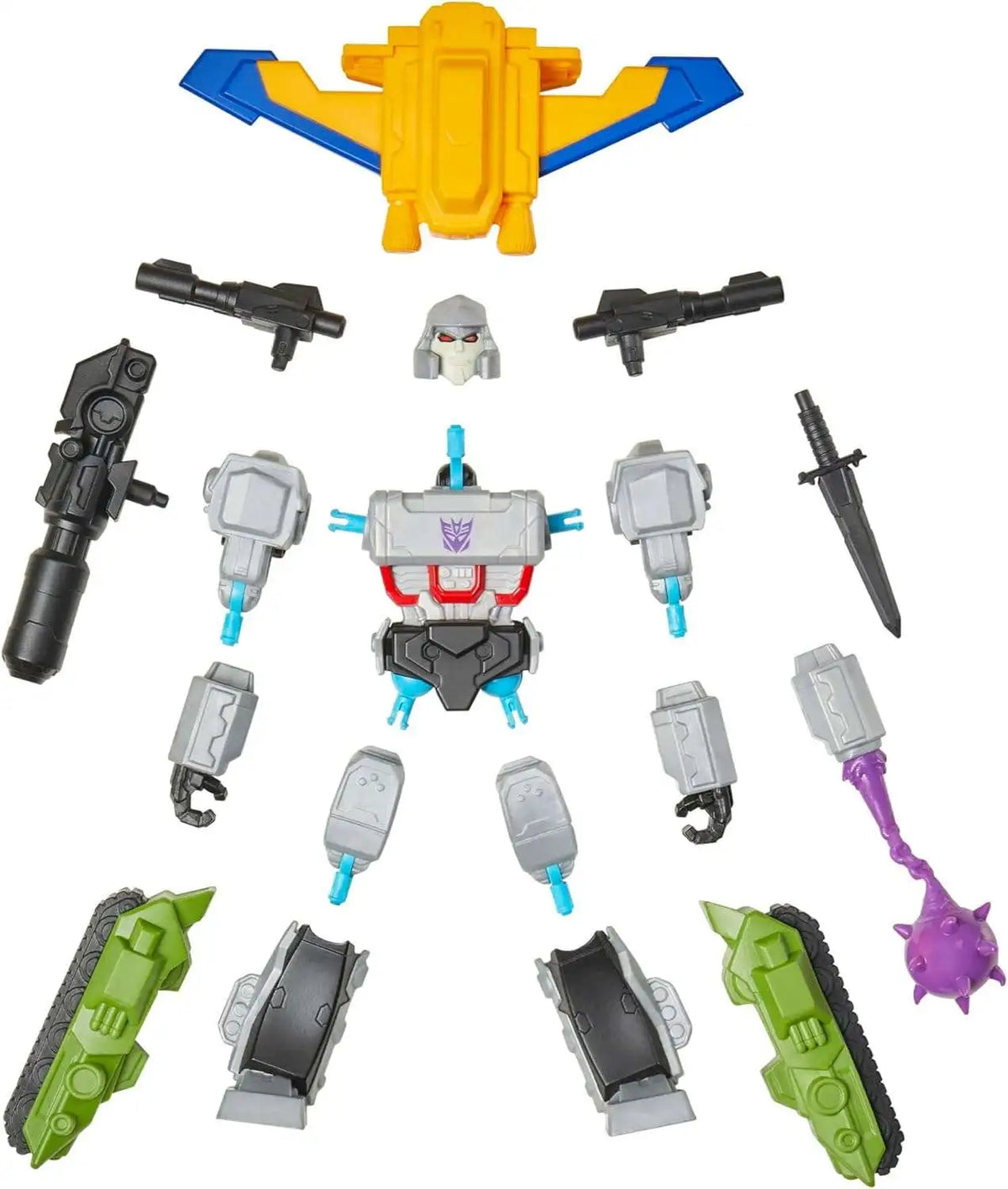 Mech-style Megatron action figure with weapons and extra molded parts, spread view
