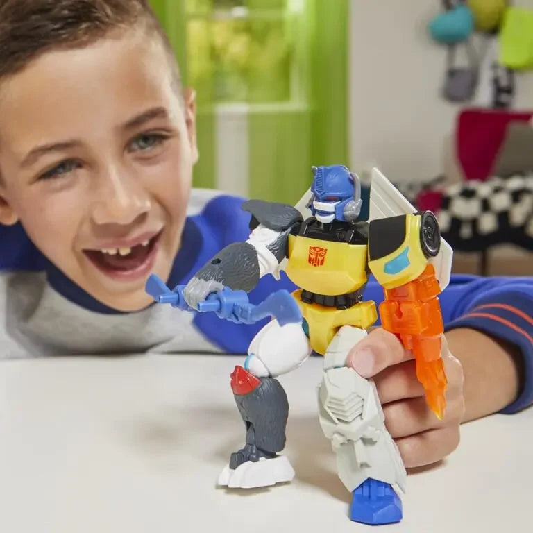 Transformers-style Optimus Primal custom robot action figure in blue, gray, yellow, and orange
