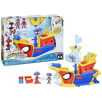 Boxed toy pirate ship playset with character figures and blue/red ship.
