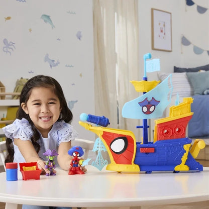 Toy pirate ship playset with character figures and blue face sail.