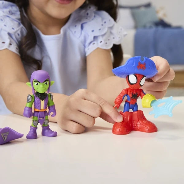 Toy pirate ship playset with character figures, red/blue hero and purple villain.