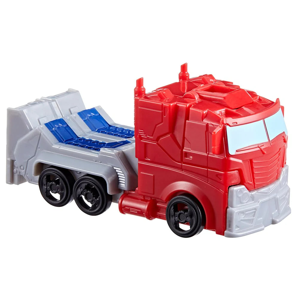 Red and gray toy truck with blue interior details, showing four black wheels.