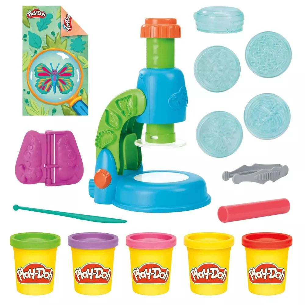 Blue light scope toy with purple mold, tools, and Play-Doh color cups