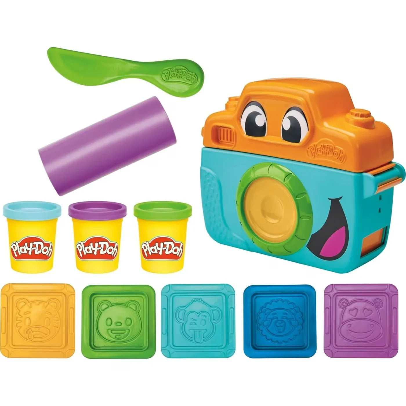 Orange and teal photo toy camera with green lens and colorful clay molds set