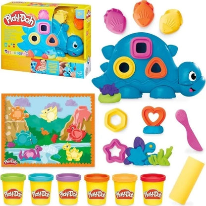 Play-Doh dinosaur starter set with blue dinosaur mold, shapes, and colorful dough tubs