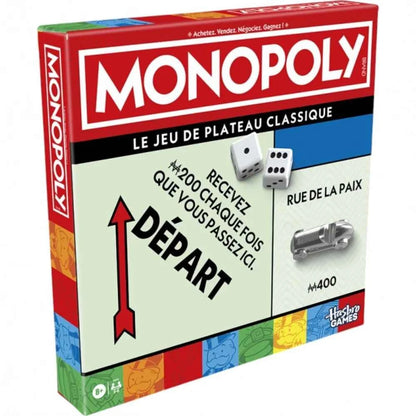 Monopoly board game box with dice and property tile graphics