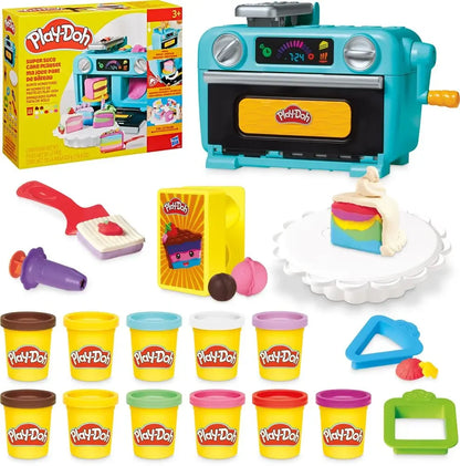 Play-Doh cake dough playset: teal oven, white cake base, and colorful dough tubs