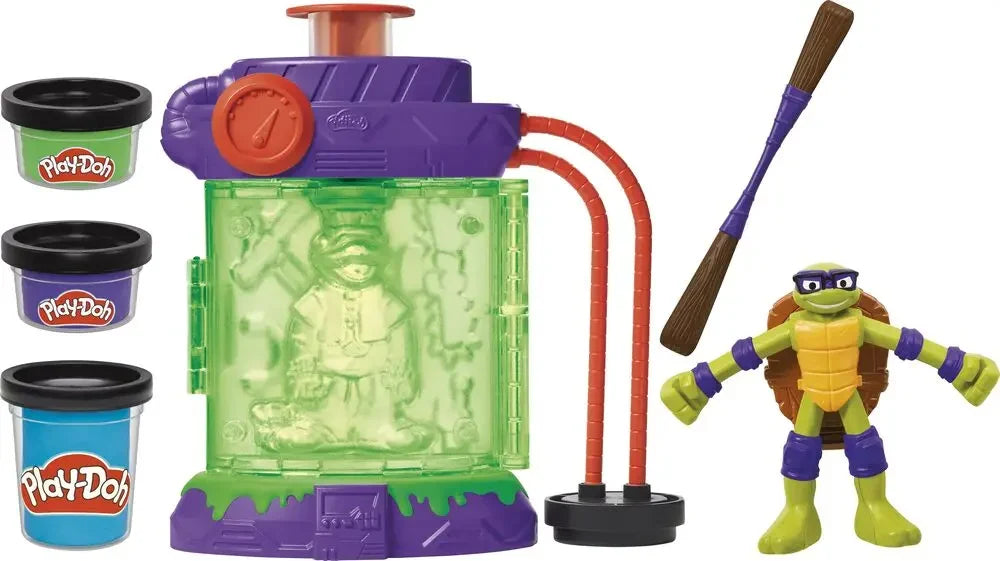 Play-Doh ninja mutation station set with green clear chamber, purple base, and action figure