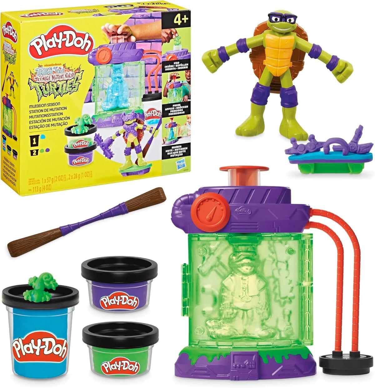 Play-Doh ninja mutation station set box, green/purple chamber parts, ninja figure, tubs