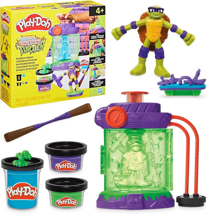 Play-Doh ninja mutation station set box, green/purple chamber parts, ninja figure, tubs