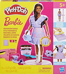 Play-Doh Barbie Fashionista Ruffles set in box, doll wearing lavender ruffled dress