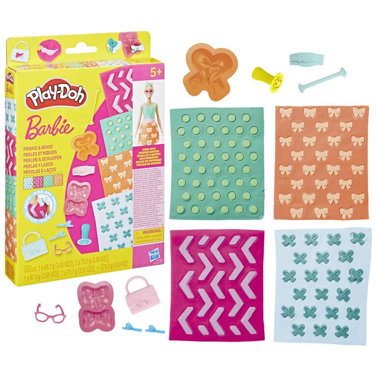 Playdoh and Barbie designer pattern set box with colored molds and pressed shape pieces