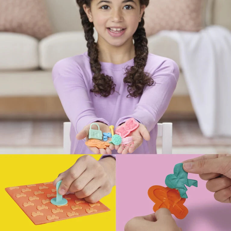 Playdoh designer pattern boards with molded shapes pressed by hands