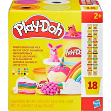 Play-Doh 18-pack box with rainbow theme and side row of clay tubs