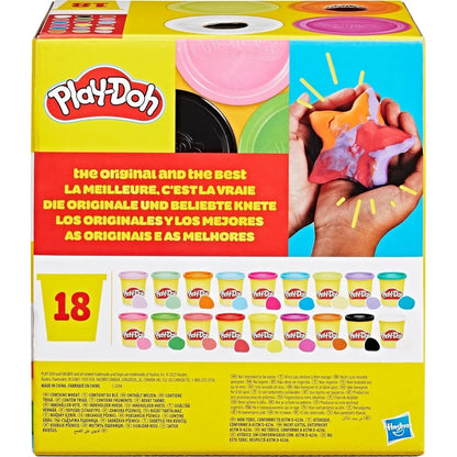 Play-Doh 18-pack back of box with instruction panels and clay tub lineup