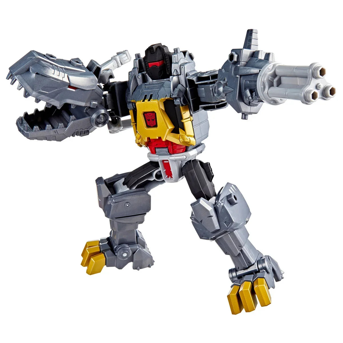 Transformers robot action figure in grey and yellow with red chest panel and clawed hands